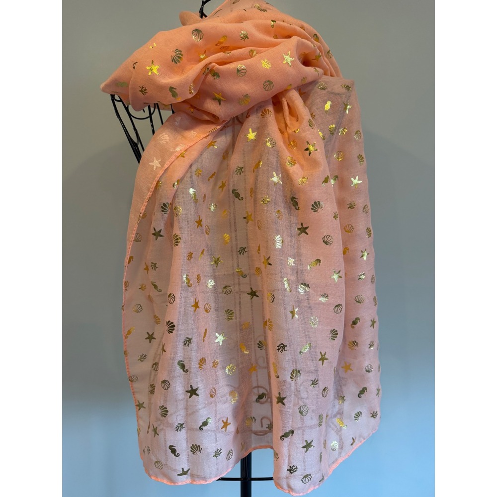 Avenue 9 Peach Gold Foil Nautical Scarf Shell Starfish Seahorse Beach Wrap NWT